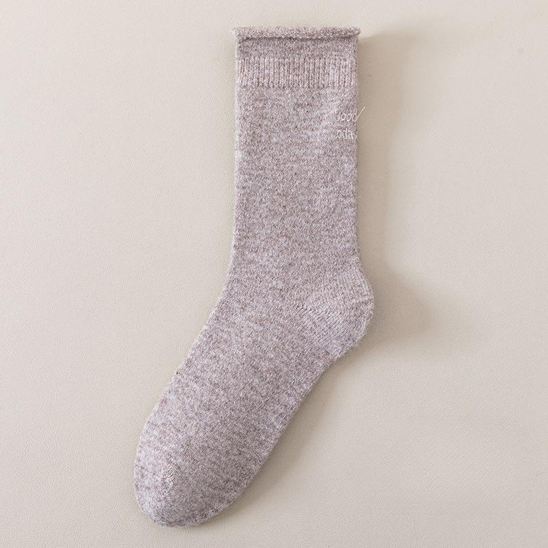 Winter and Autumn Mid-length Wool Socks with Embroidered Rolled Edges, Soft and Warm, Straight and Fluffy Socks, Versatile Socks