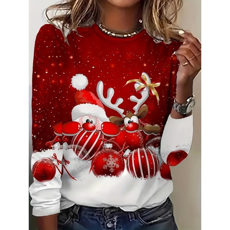 Women's Christmas T-shirt Santa Claus Reindeer and Candy Cane Print Long Sleeve Crew Neck Casual Top