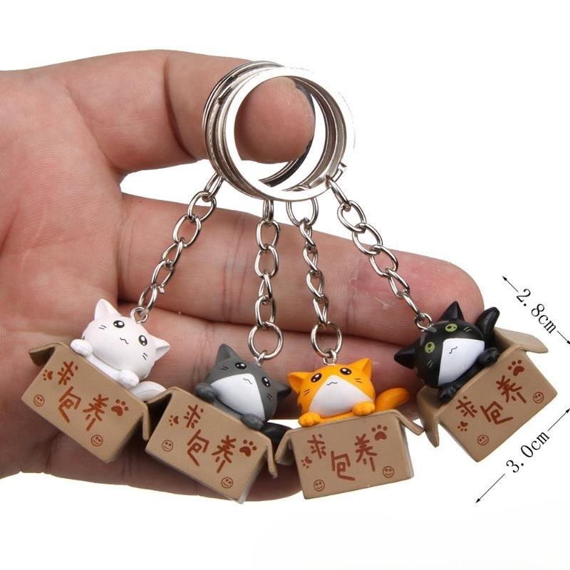 Plastic Three-dimensional Couple Cartoon Key, Little Cat Keychain Ring, Chain