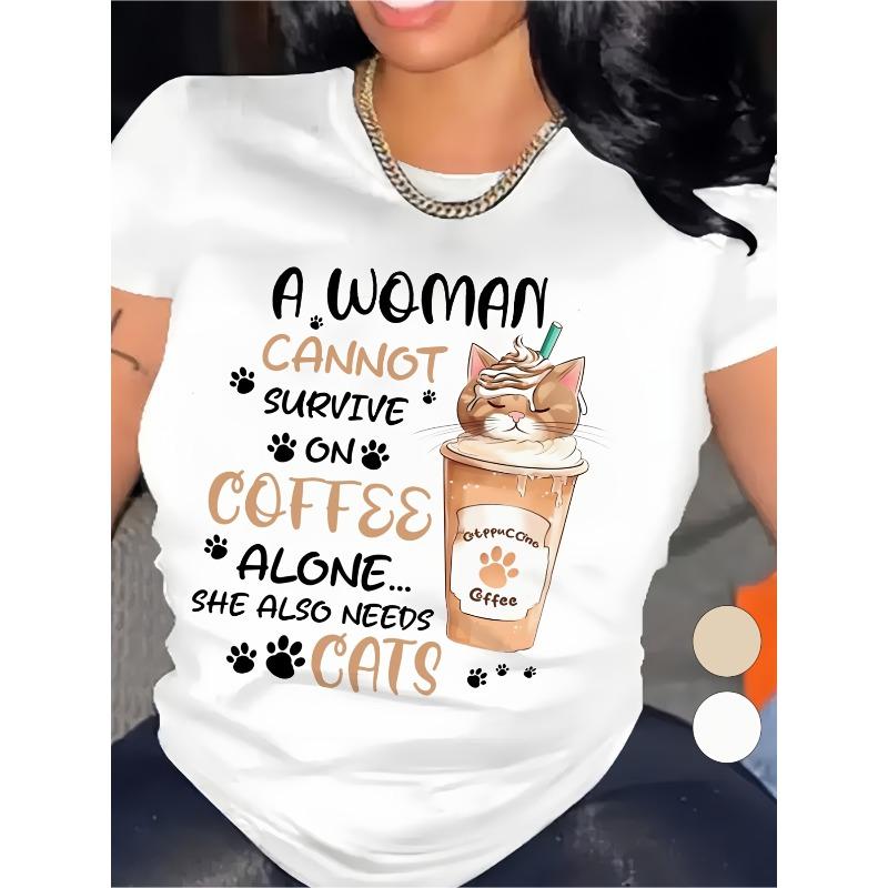 Wo Women's Funny Coffee & Cat Lover T-Shirt - "A Woman Can't Survive On Coffee Alone... She Also Needs Cats" Retro Loose Fit Tee with Cute Paw Prints