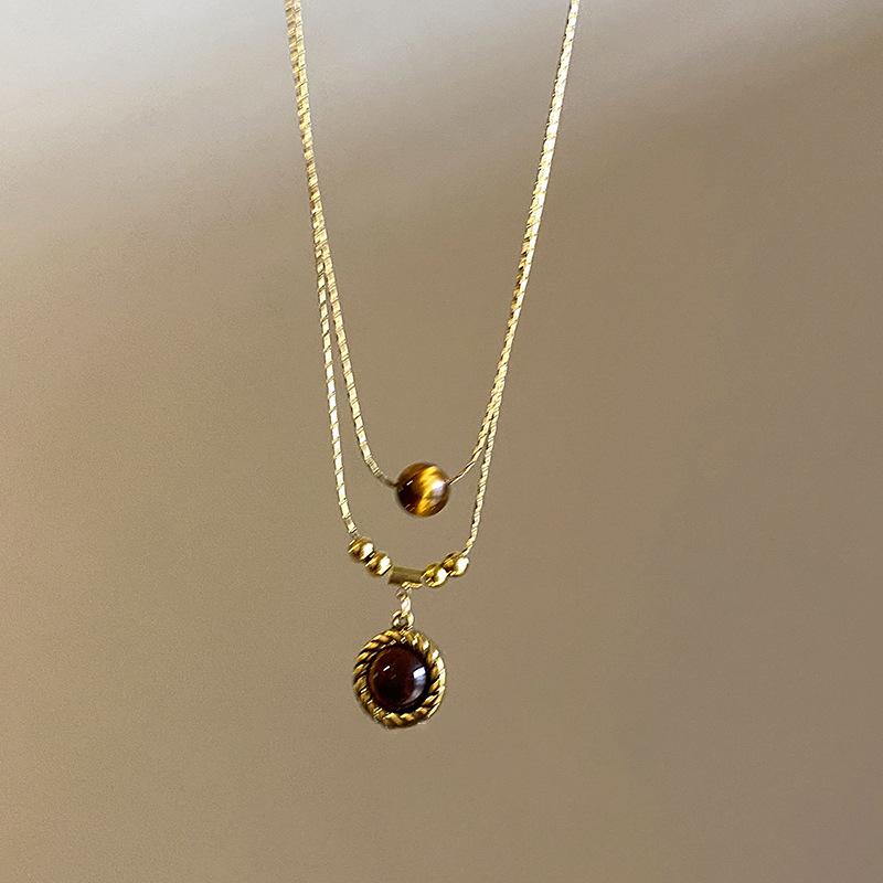 

New Double-Layer Brown Stone Pendant Necklace for Women Girls Charm Aesthetic Vintage Tiger Eye Stone Beads Y2K Jewelry Gifts