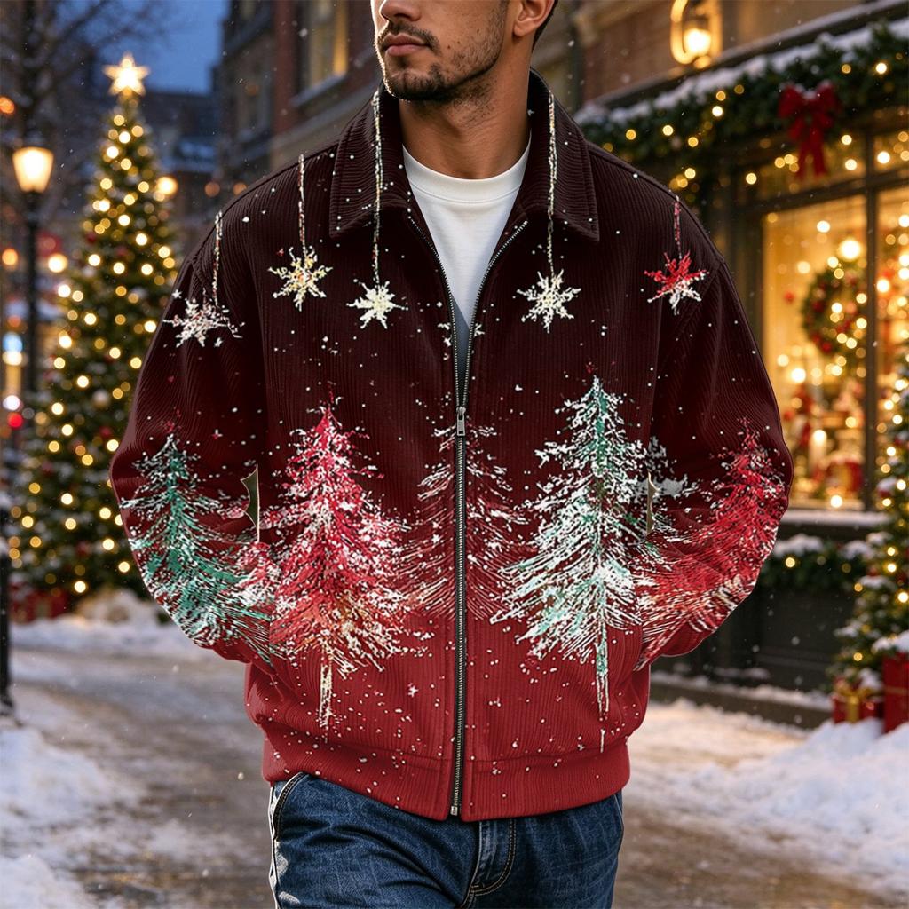 Men's Christmas Print Zip-Up Jacket, Loose Fit Casual Lapel Collar Outerwear for Holiday