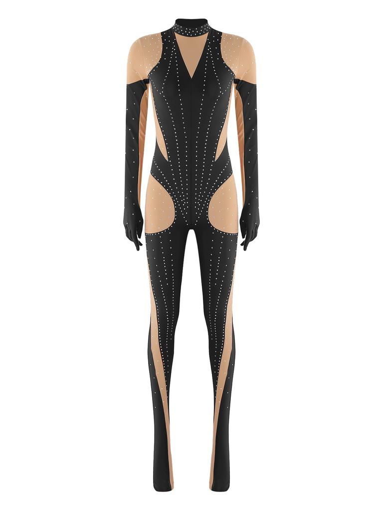 Unitard Lucios cu Strass-uri pentru Gimnastică Feminină, cu Mâneci Lungi și Mănuși, cu Picior, Culoare Contrastantă, Body pentru Patinaj Artistic