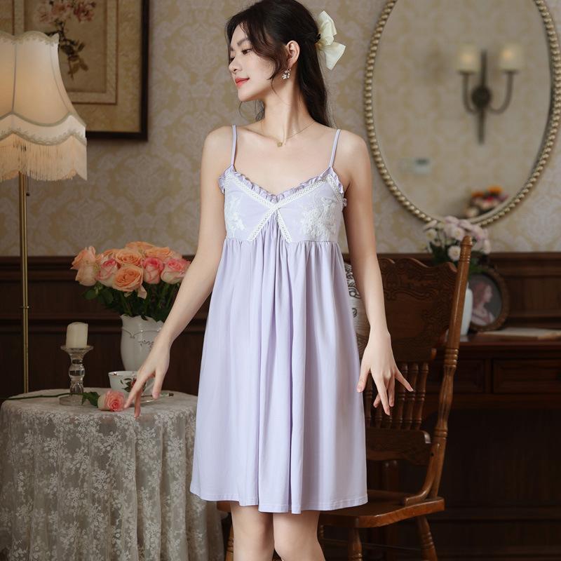 Pure Cotton Suspender Nightdress Women's Summer French Sexy Lace Pure Desire Long Pajama Skirt with Chest Pad Can Be Worn Outside Loungewear