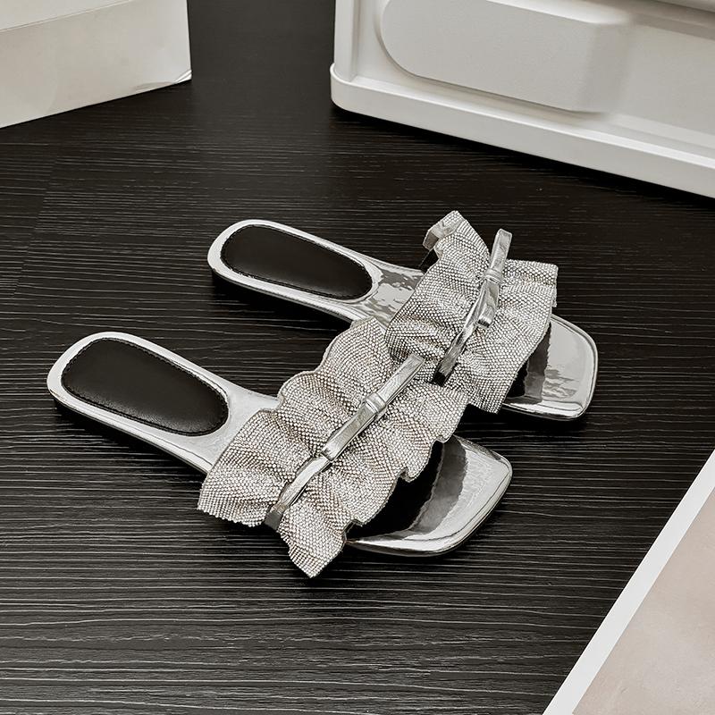 Übergröße 35-42 Flache Hausschuhe Damen Neue Mode Quadratische Spitze Offene Zehe Kristall Schmetterlingsknoten Rutschfest Verschleißfest Flip-Flops