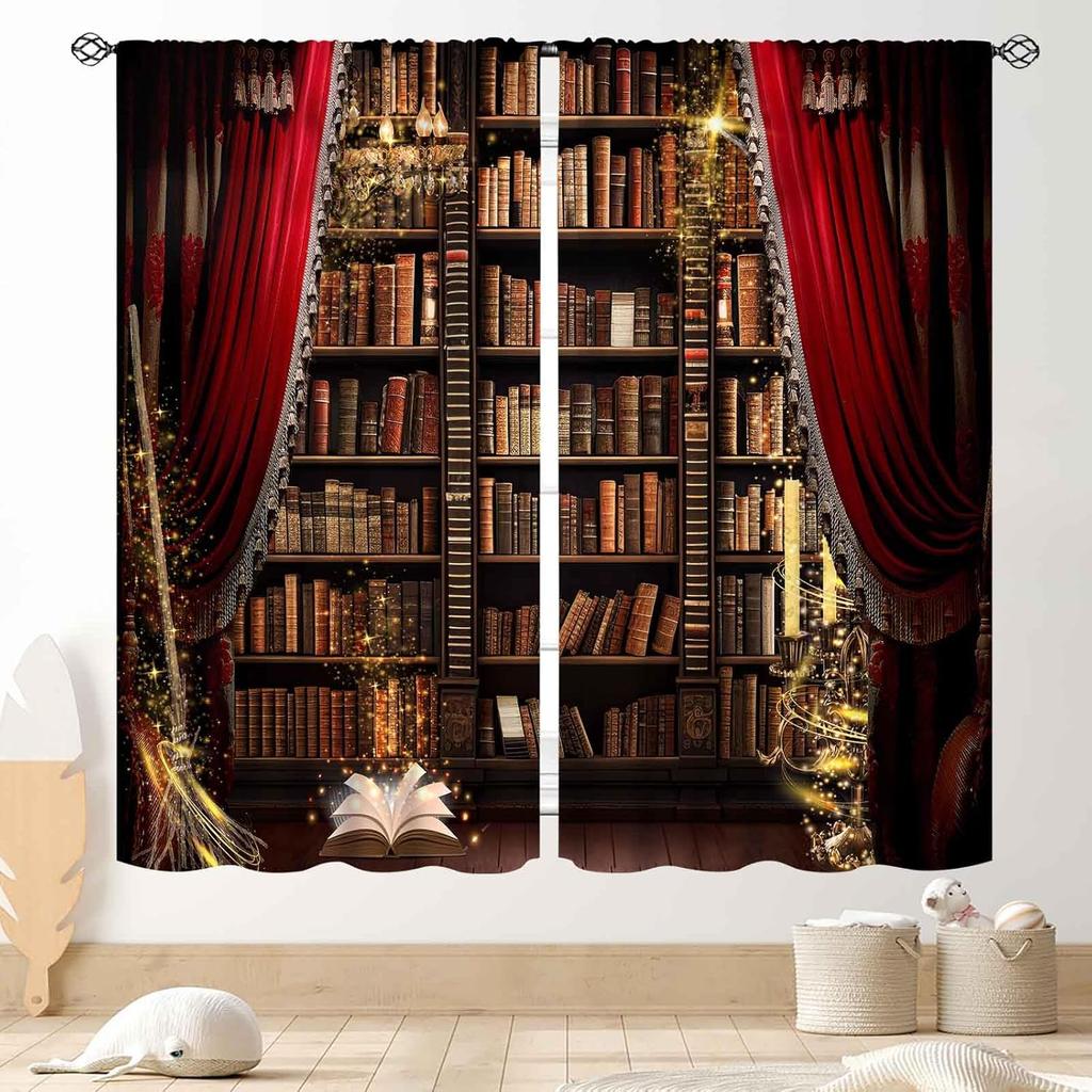 Witchy Curtains Fantasy Magical Bookshelf Mysterious Bookcase Skull Spooky Gothe Window Drapery Treatments Vintage Blackout Made Of Polyester