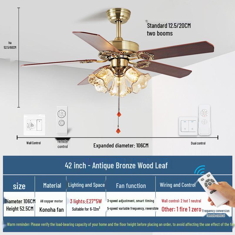 Mid-Century European Retro Ceiling Fan Light with Iron Blades - Variable Frequency High Airflow for Living Rooms or Restaurants.
