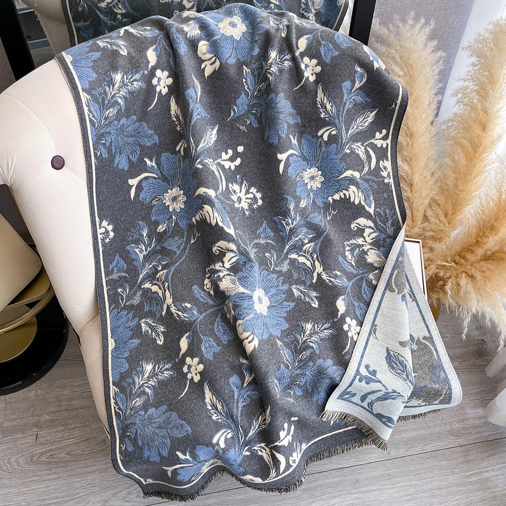 Ethnic Style Flower Imitation Cashmere Scarf Women'S Winter Thickened Double-Sided Air Conditioner Shawl Scarf