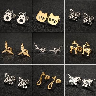 Mini Stainless Steel Cartoon Animal Earrings - Kitten, Deer, Snake, Bee Designs