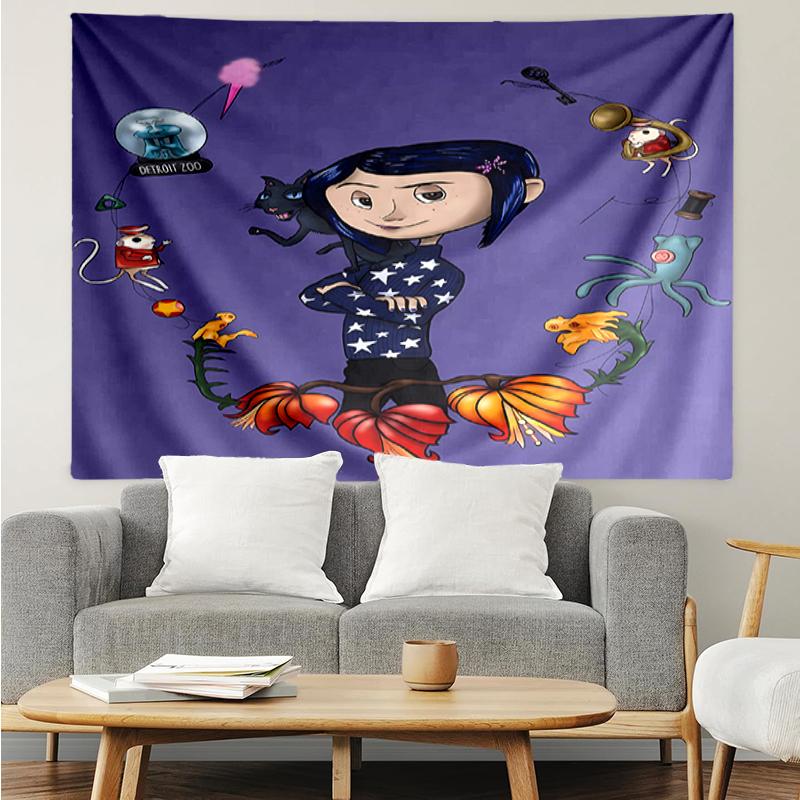 Coraline Print Tapestry, Backdrop, Easy Setup, Ideal for Bedroom, Office & Living Room, with Aesthetic Wall Hanging Decor.