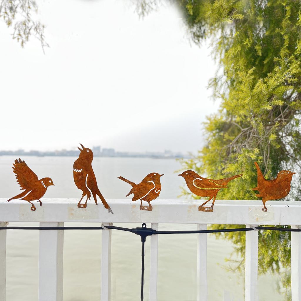 5 Iron Bird Decorations -Fence Branch Garden Wall Yard Ornaments, Paintable Birds for Outdoor Placement with Natural Rust Finish