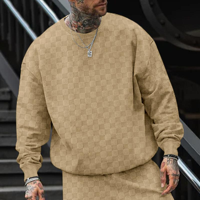 Men's Round Neck Jacquard Chessboard Base Layer Top Casual Long Sleeve Sweatshirts