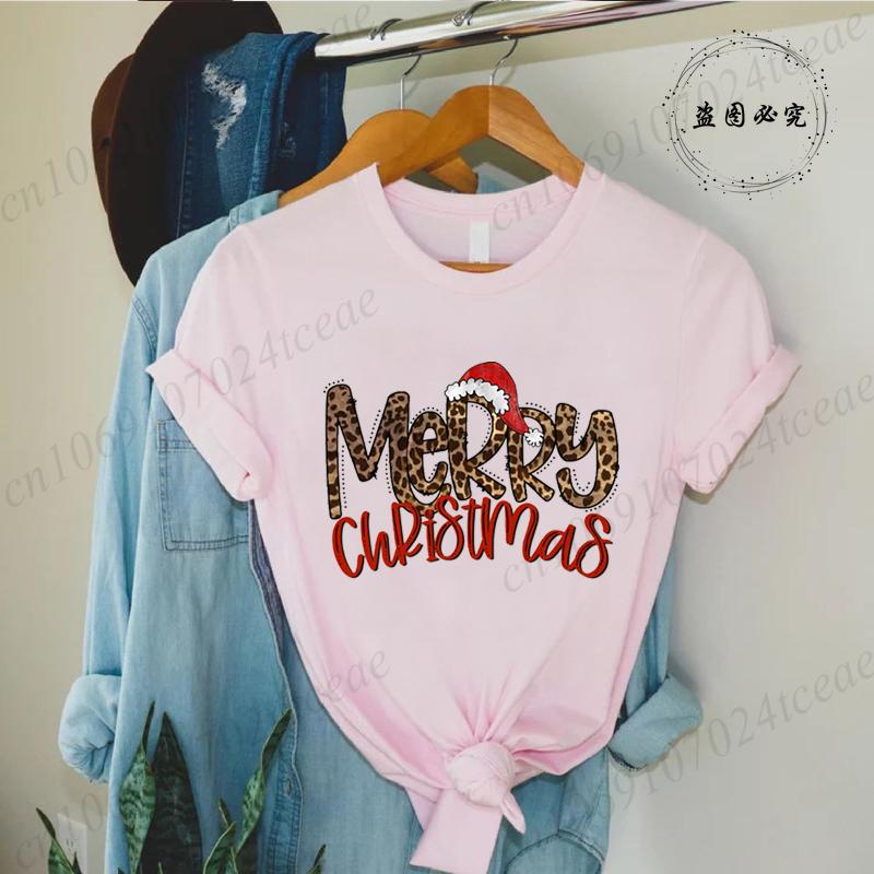 Leopard Merry Christmas Print TShirts Crew Neck Tshirt Casual Short Sleeve Top for Christmas Unisexs Clothing Tshirt Top
