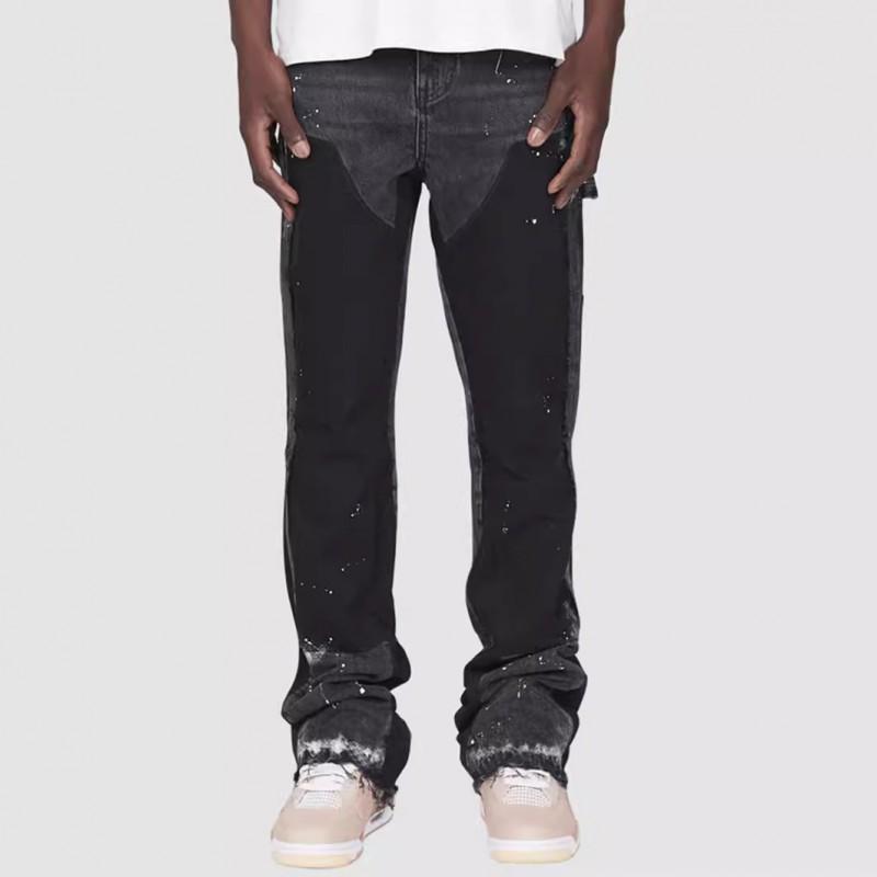 Herre Stræk Denim Cargo Bukser Med Patchwork Detalje Afslappet Pasform Vide Bukser Afslappet Streetwear