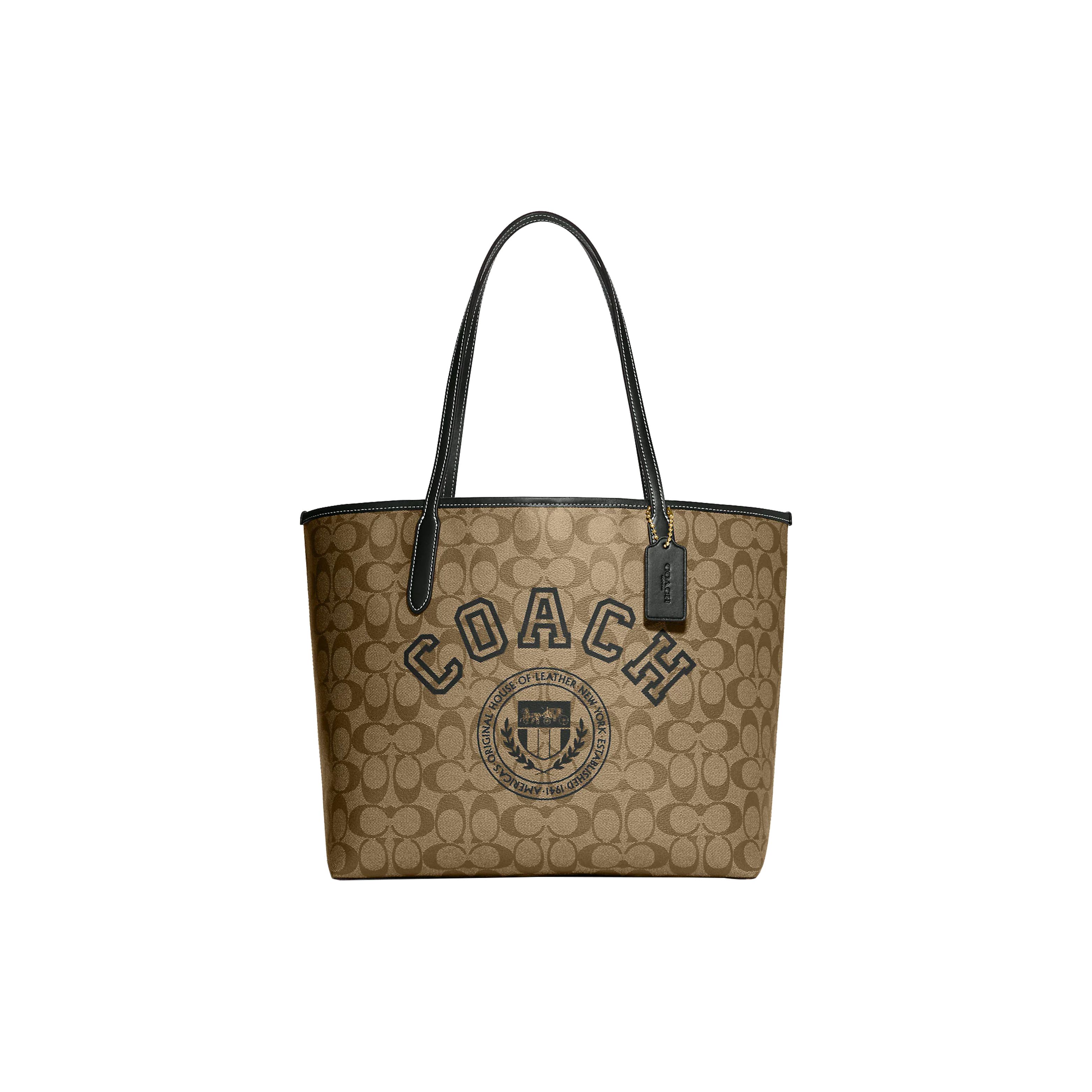 Coach Brown Signature Canvas Large City Tote Bag with Varsity Logo for Daily Use Basic Set (Bag+Dust Bag)