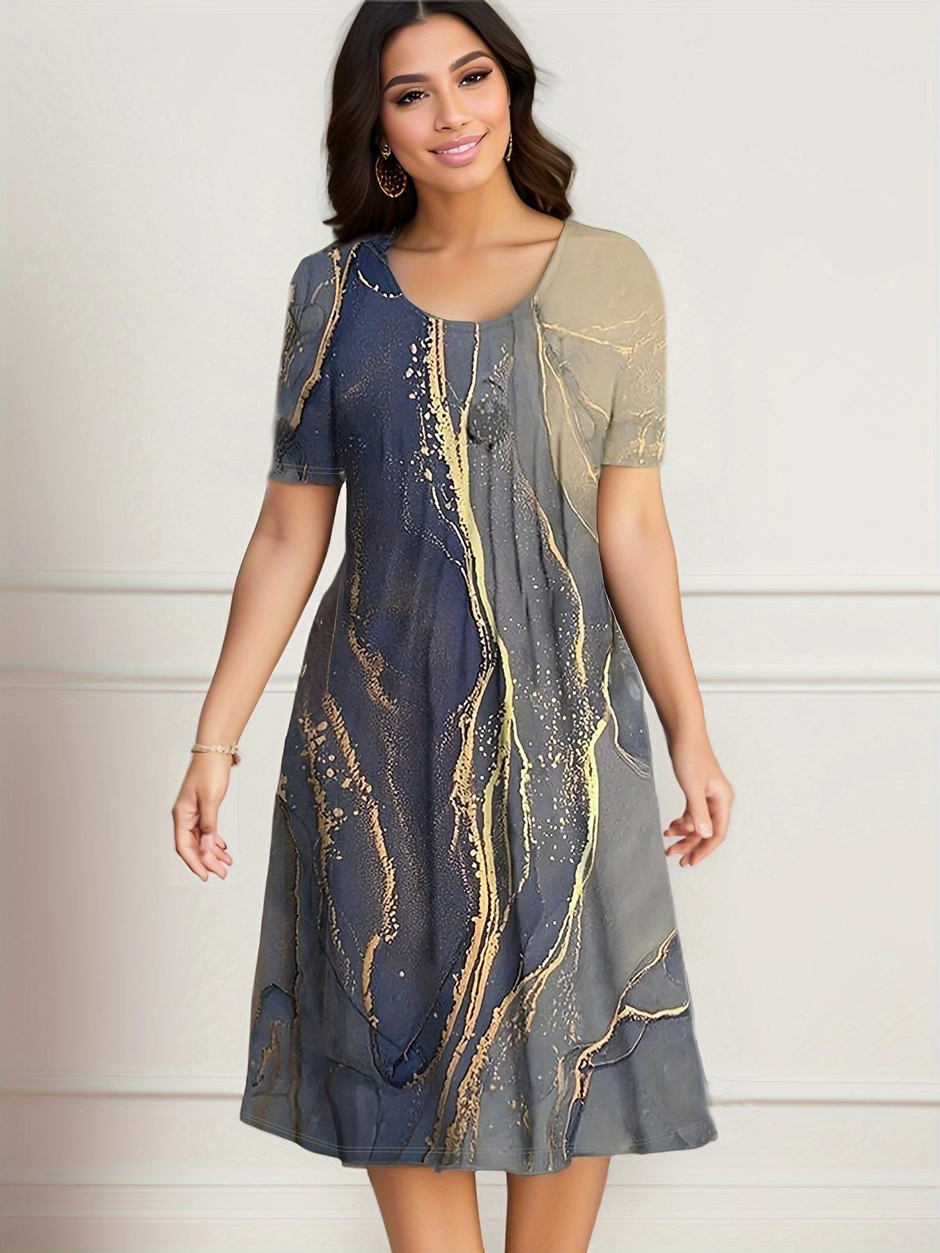 

Новое платье с круглым вырезом и принтом для женщин, свободное платье миди с коротким рукавом и высокой талией, летнее повседневное модное платье миди, дышащее легкое удобное платье размера плюс 4XL