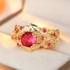 Gorgeous Inlaid Red CZ Leaf Women's Ring Dazzling Gold Color Hand Carving Daily Wear Party Jewelry Anniversary Gift