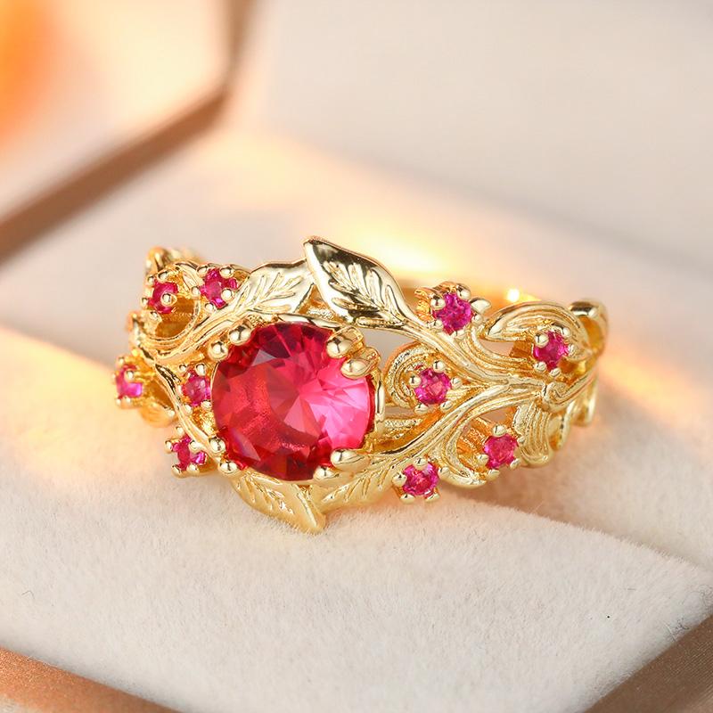 Gorgeous Inlaid Red CZ Leaf Women's Ring Dazzling Gold Color Hand Carving Daily Wear Party Jewelry Anniversary Gift