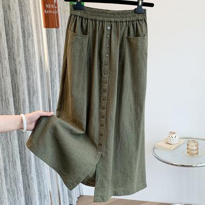 Spring and Summer Cotton and Linen Literary Skirt Retro Simple Mid-length Elastic Waist A-line Skirt