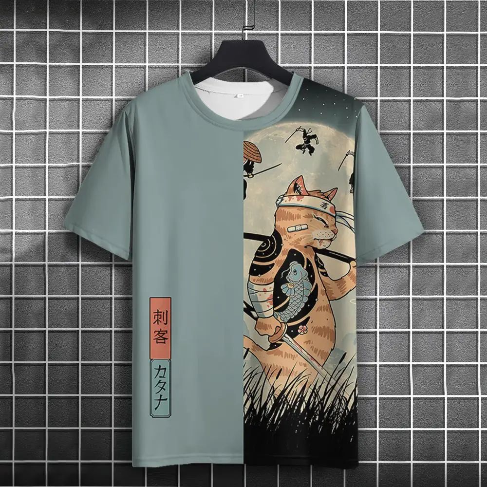 Unisex T-shirt Men Women Japanese Samurai Cat 3D Printed T-shirt Casual Fashion Funny Shirt Top T-shirt Men's Summer T-shir