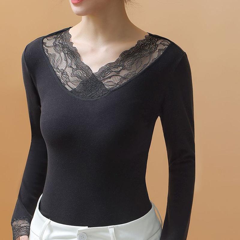 Tops for Women Pullover Long Sleeve V-neck Autumn Winter Warm Slim Thickened Lace Top