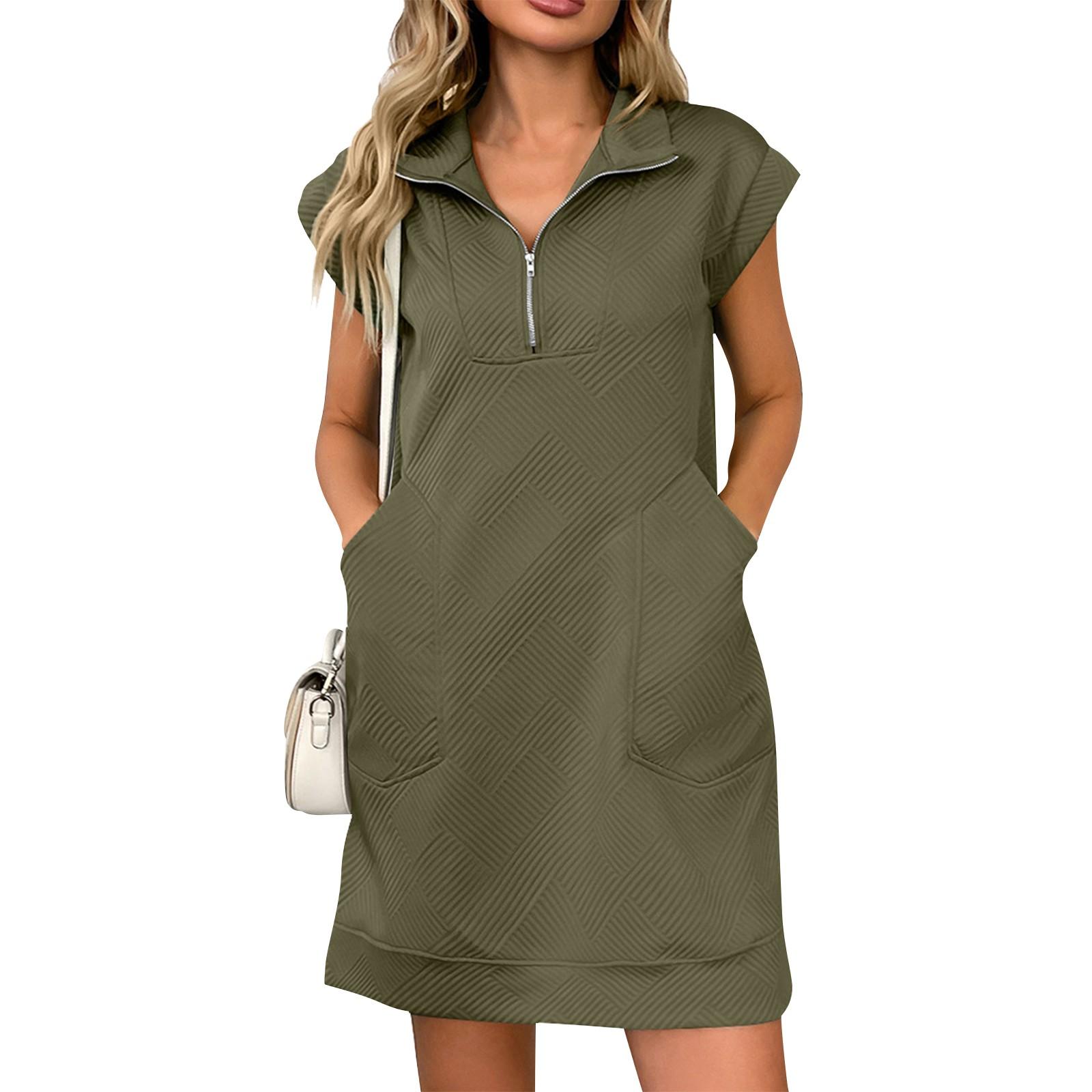 

Женское свободное повседневное модное платье с коротким рукавом и карманом, однотонное платье XL армия зеленый