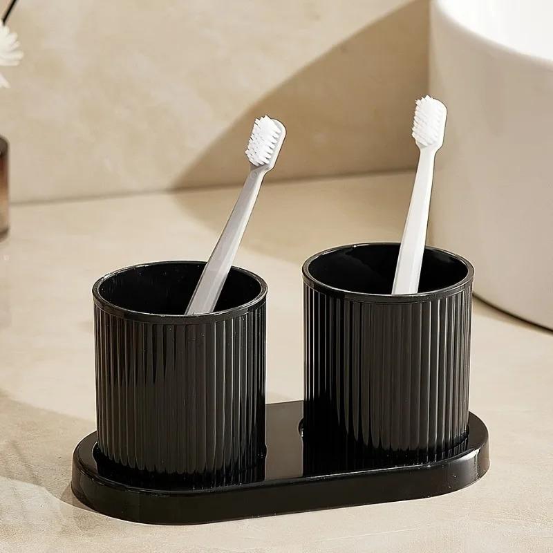2 Pieces/set of Solid Color Mouthwash Cups with Tray, Family Bathroom Drum, Accessories