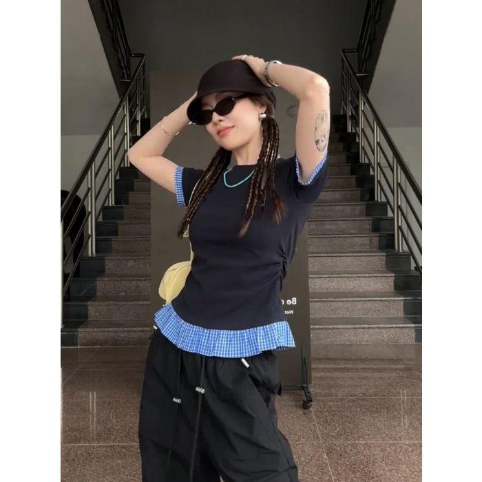 

French splicing plaid round neck short-sleeved T-shirt women s summer contrasting color design flying sleeves waist thin top xl [recommended 57.5-65kg]