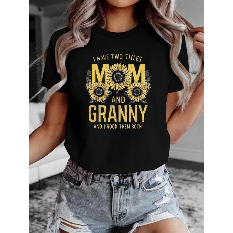 

Women Plus Size Funny Mom Grandma T-Shirt I Have Two Titles Sunflower Print Soft Stretchy Crew Neck Casual Machine Washable Top S чёрный