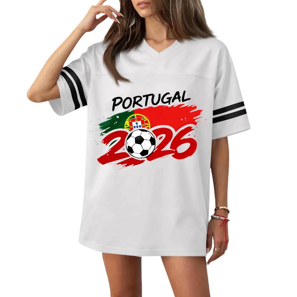 Women's Casual V Neck Short Sleeve Football Jersey Top with Flag Print and 2026 Soccer Graphic for Sports and Wear