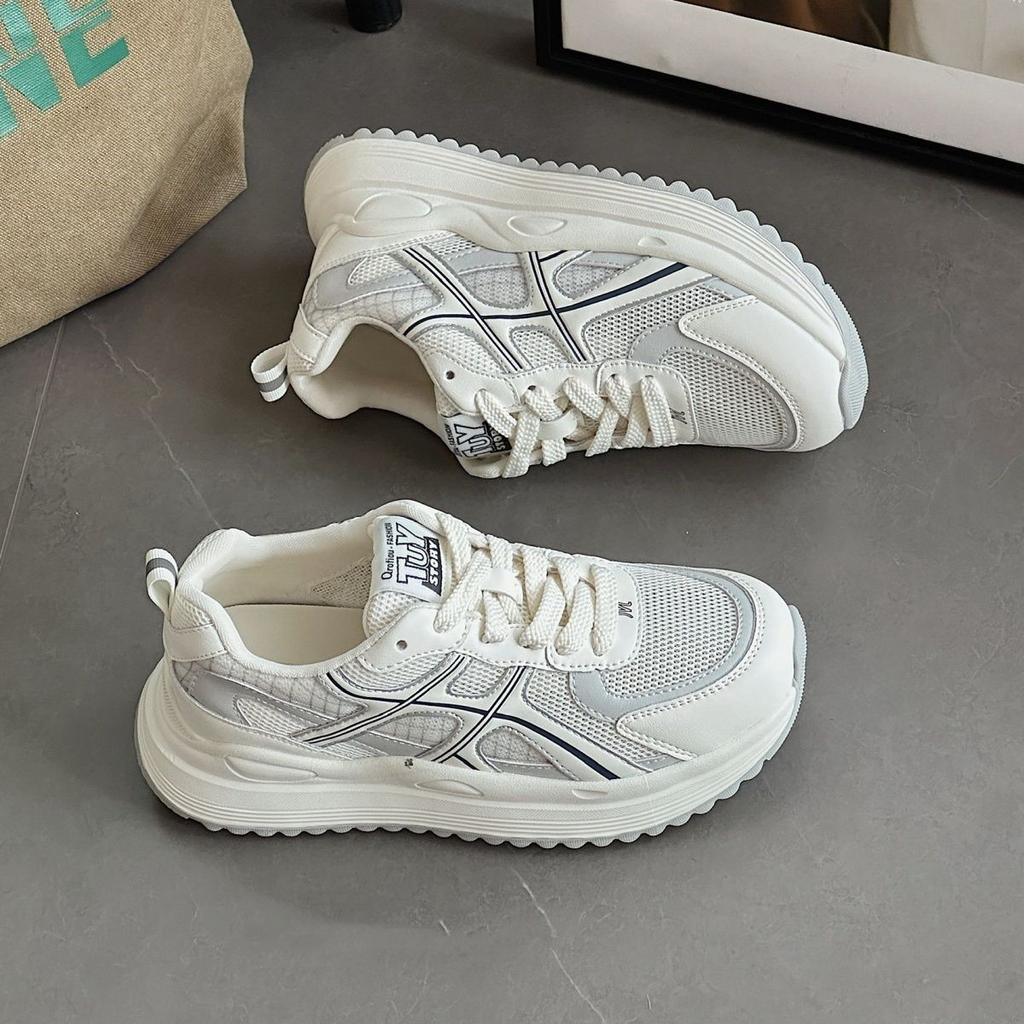 2025 Summer New Versatile and Thin Round Head Lace-up Sports Shoes Ins Trendy Thick-soled Casual Leather Dad Shoes Women