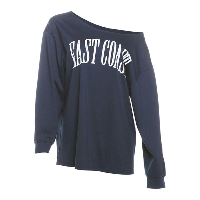 

Weird Puss Casual Idle Style Letters Print Diagonal Collar Stylish Retro Easy Matching Loose off-Shoulder T-shirt for Women Blue L