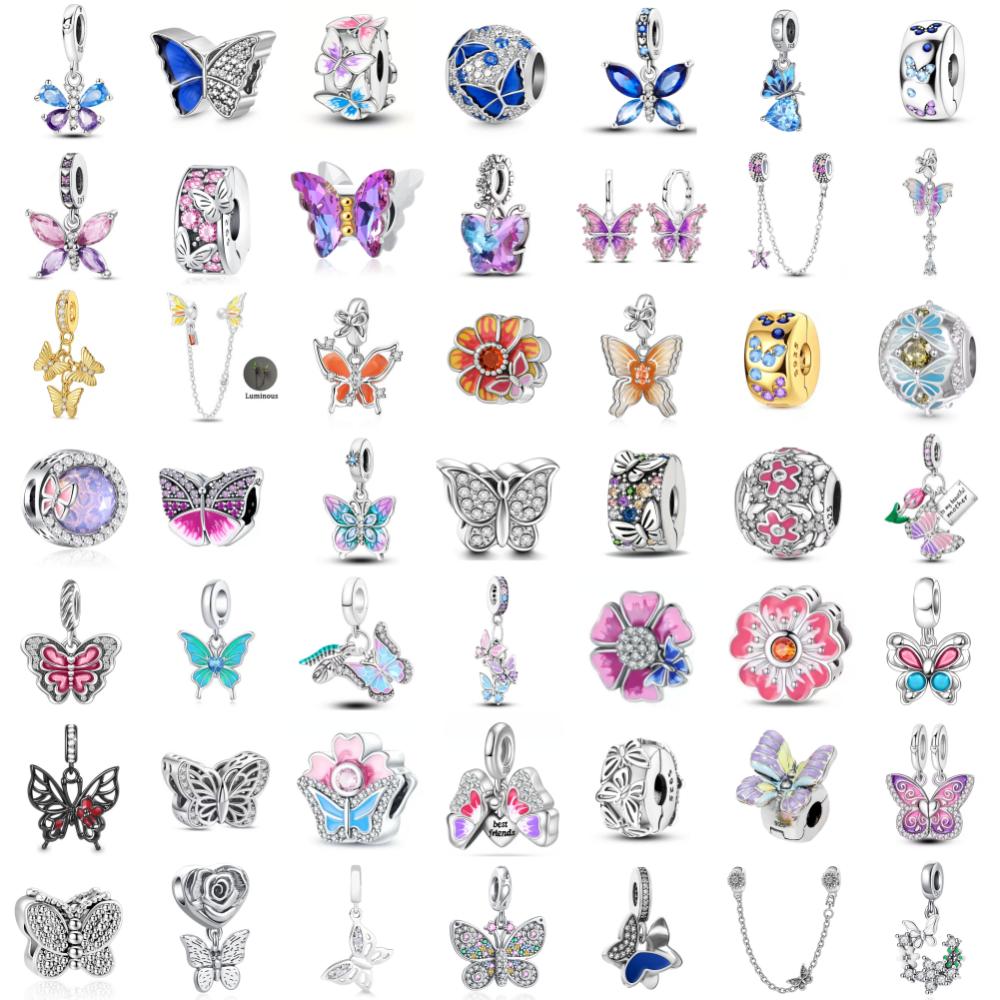 Spring Series Butterfly Pendant Clip Beads Earrings 925Silver Colored Inlaid Stone Fit Exquisite Bracelet Women DIY Jewelry Charm