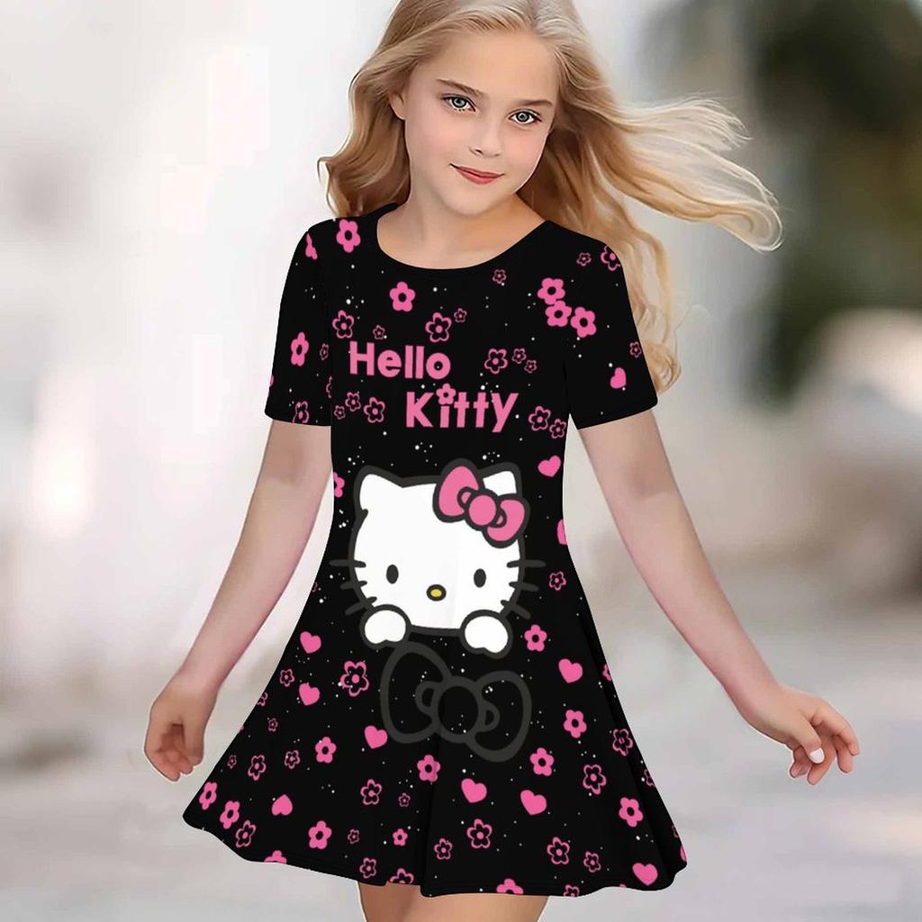 Girls 3D Print Dresses Kids Girl Party Short Sleeve Princess Dress Tank 3D Likable Cartoon Print Dress