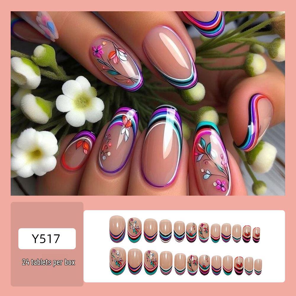 Sweet Style French Press-on Nails with Colorful Floral Design - Oval Nail Art Stickers