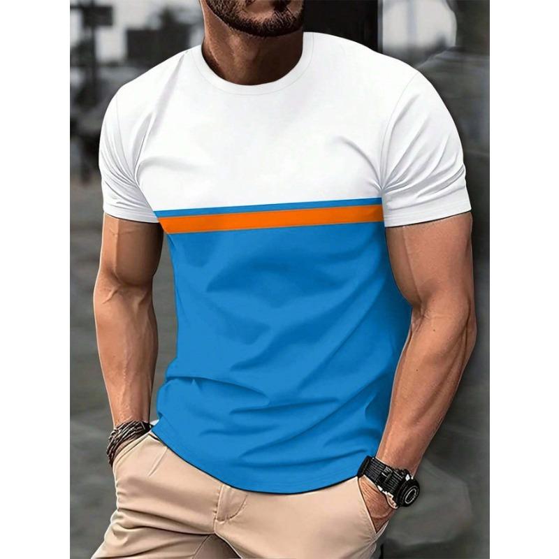 Men's Color Blocked Round Neck T-shirt with D-print Top Short Sleeved T-shirt for Summer Loose Fit Men's Casual Wear Shirt