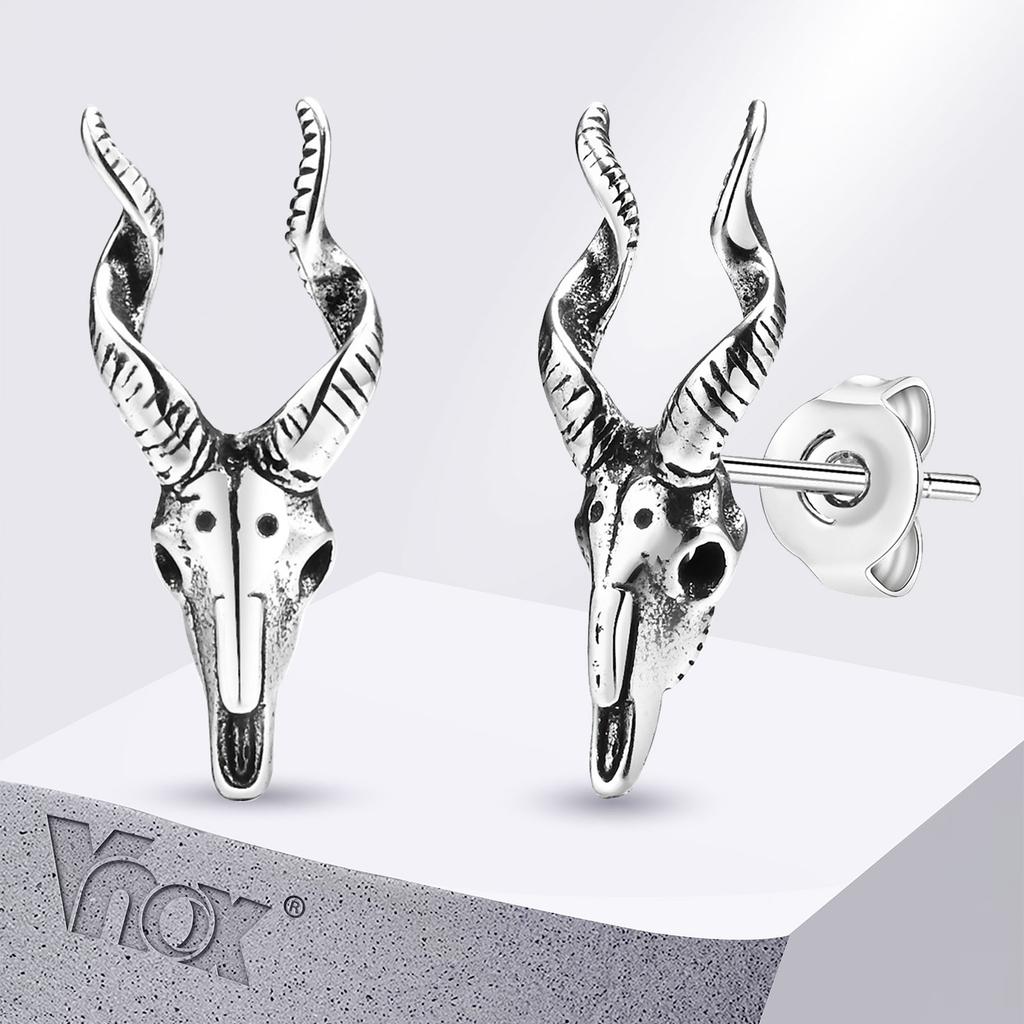 Vnox Gothic Goat Earrings for Men Boy, Punk Rock Metal Goat Head Skull Skeleton Stud Earrings, Cool Unisex Ear Jewelry