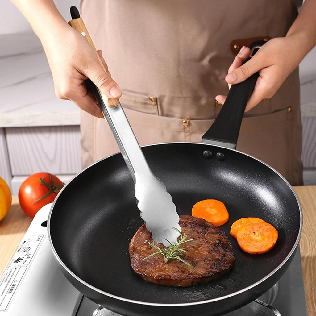 Stainless Steel Food Tongs, Heavy Duty Kitchen Tongs with Wooden Handle for Cooking Grilling and BBQ