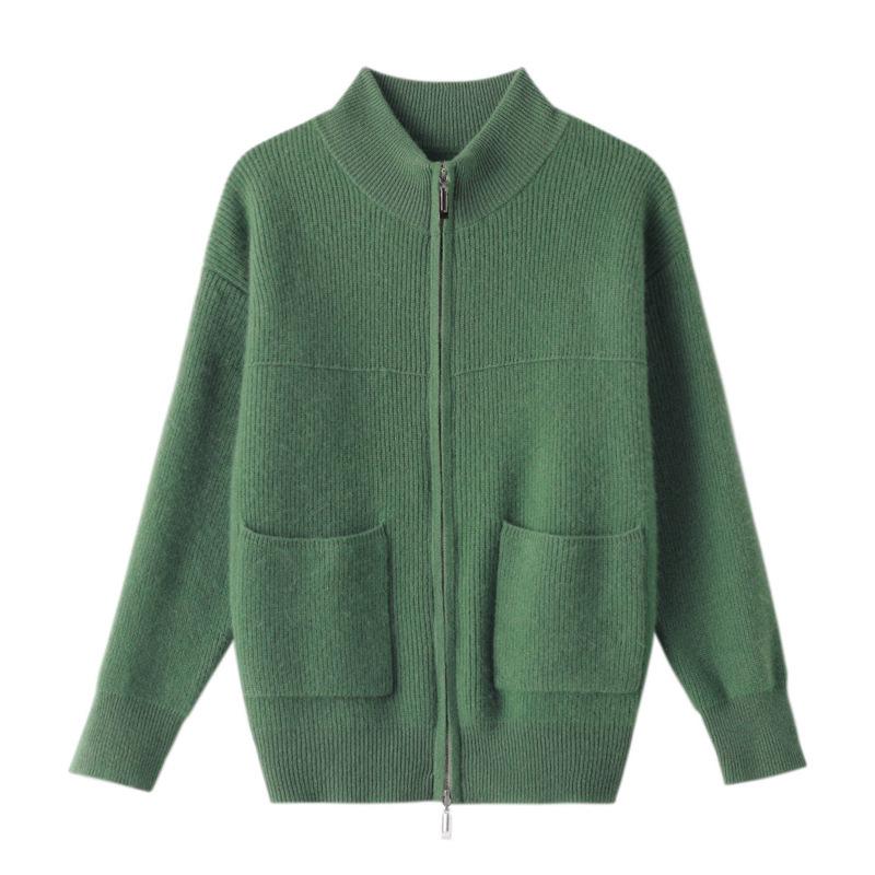 Heavyweight Stand Collar Wool Cardigan - Versatile Casual Solid Color for Autumn/Winter