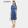 PORTS Women's Retro Blue Waist-Cinching Midi Dress