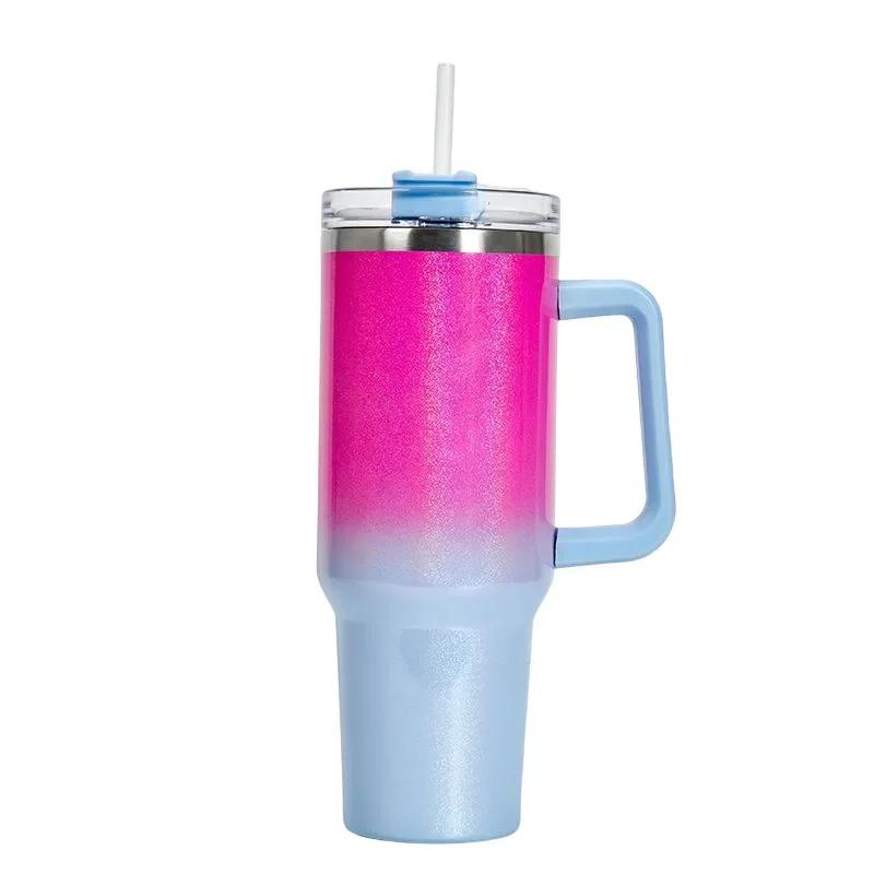Handle Insulated Cup Ice Cream Cup Car Large Capacity Stainless Steel Rainbow Paint 40oz Car Cup Straw