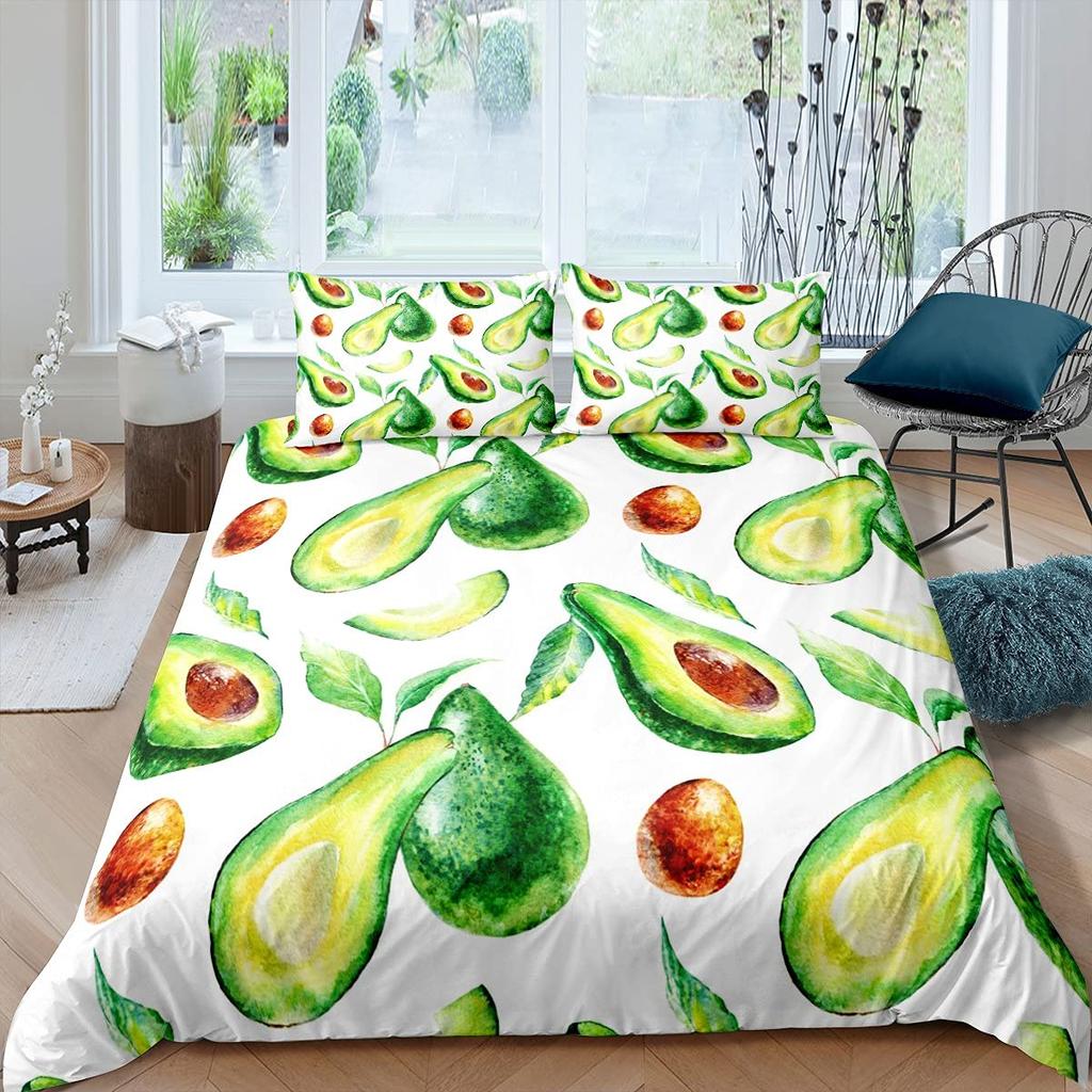 Fruit Soft Duvet Cover Set, Lovely Carton Avocado Decor 3 Piece Beding Set featuring 2 Pilow Shams, Quen King Ful Sized Dimensions, Paprika Gren