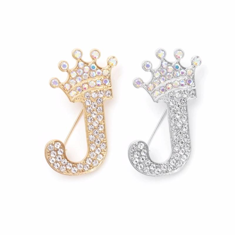 Fashion Crown 26 Initial Letters A To Z Rhinestone Brooches For Women Coat Dress Lapel Collar Pin Jewelry Accessries