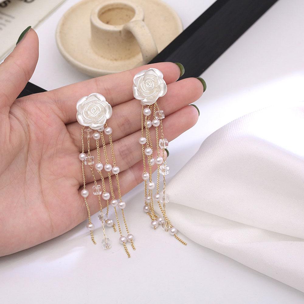 

Korean New Dangle Pendientes Women Jewelry Long Drop Earrings Ear Stud Pearl Tassel Rose Flower F