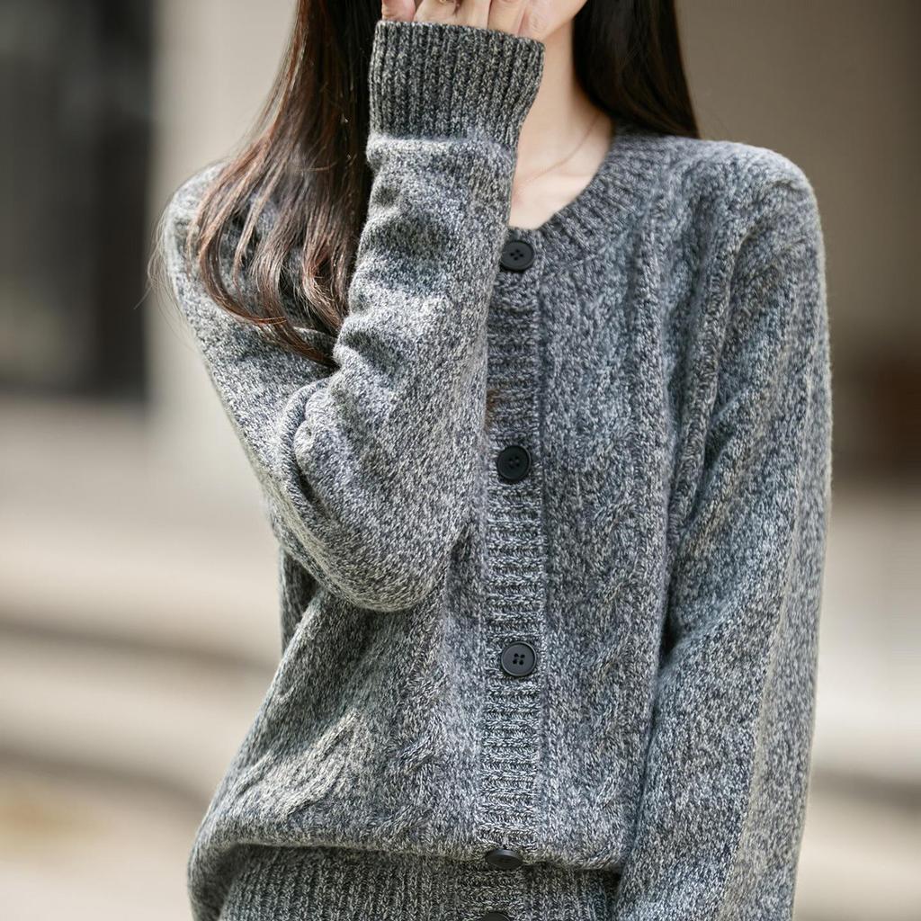 2026 Autumn/Winter Women's Cashmere Wool Cable Knit Cardigan, Round Neck, Long Sleeve, Loose Heather Yarn Sweater