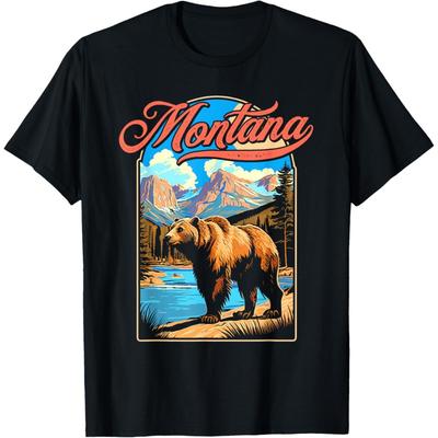 Niedźwiedź Grizzly i Góry Montany Graficzny T-shirt w Stylu Lat 70.