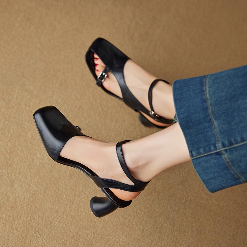 Fashion NEW Summer Women Sandals Split Leather Shoes for Women Square Toe Kitten Heel Shoe Narrow Band Bcukle Strap Shoes Modern Sandals