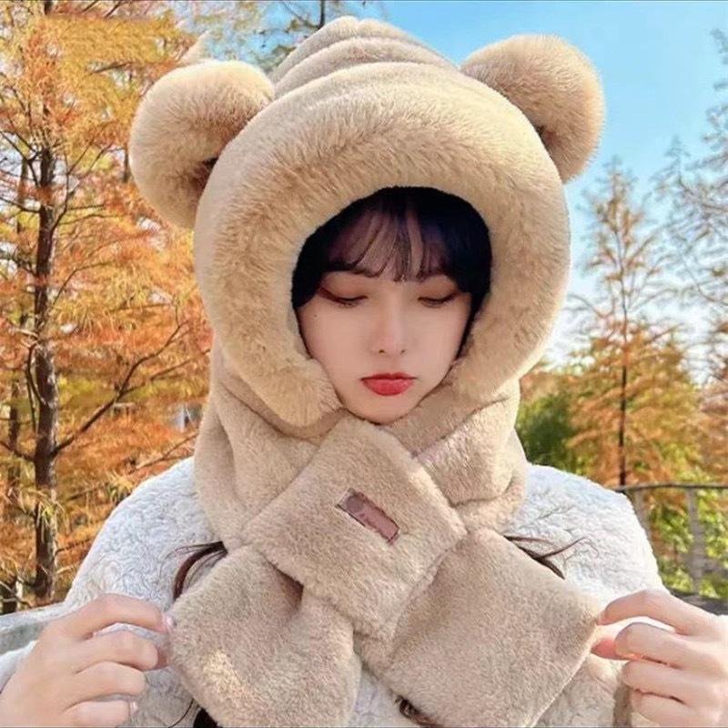 Plush bear hat, scarf, integrated thickened scarf, cute winter versatile cycling to keep warm, plush ear protectors and hooded.