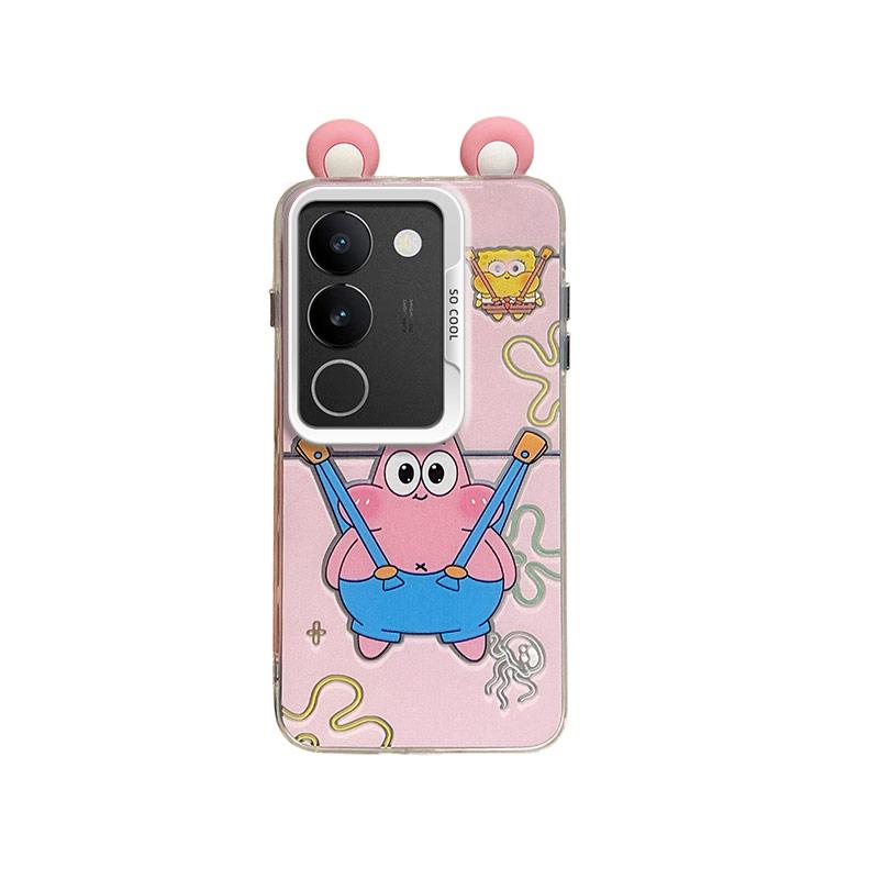KEYSION Cute Ear Cartoon Case for VIVO V29 5G with Lanyard Soft Silicone+PC Shockproof Phone Back Cover for VIVO V29 5G