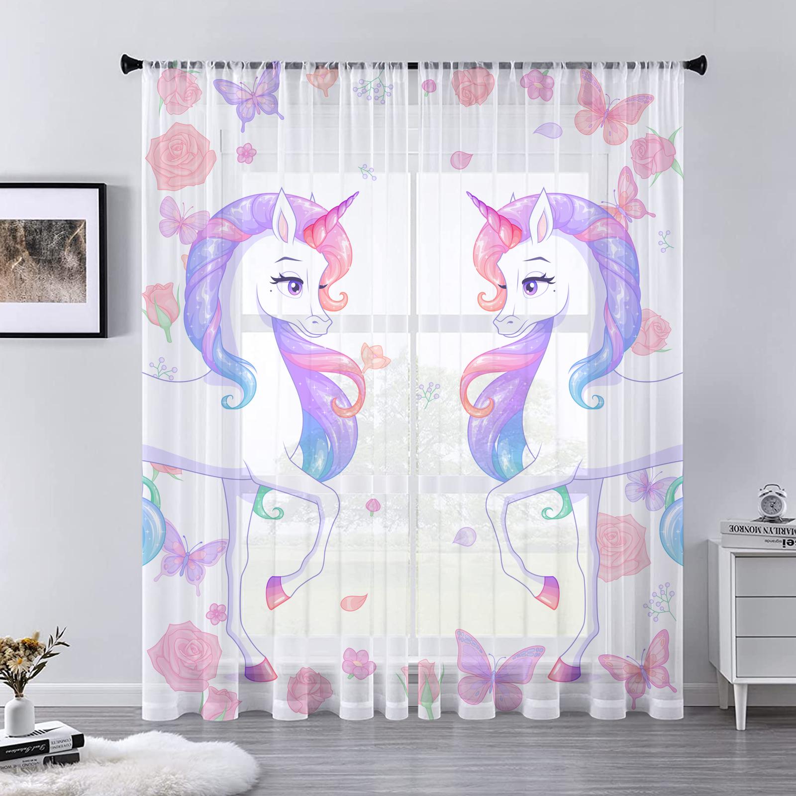 

Тюлевая занавеска с мультяшным единорогом для гостиной, спальни, декор, звездная, цветочная, Радуга, прозрачные шторы для комнаты, кухни, обработка окна 1 PCS W250XH250cm&Rod Pocket